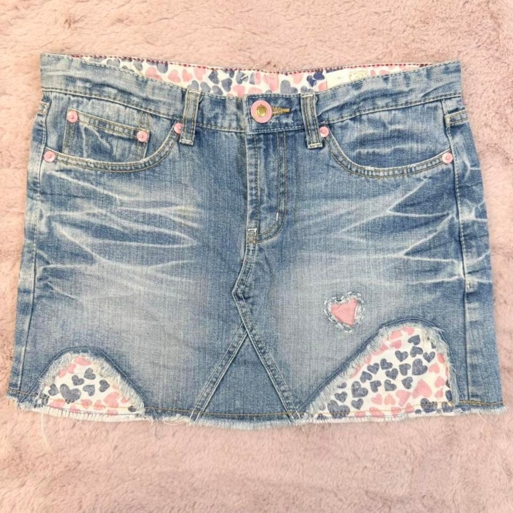 ARW Denim Mini Skirt Heart‎ Pocket Low Rise Y2K Blue Womens 30 Waist M